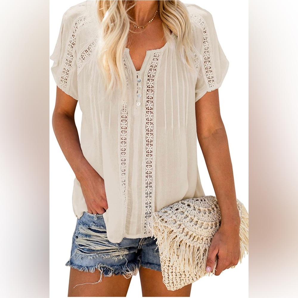 Women's V Neck Lace Crochet Eyelet Tops Short Sleeve Casual Shirts Blouses